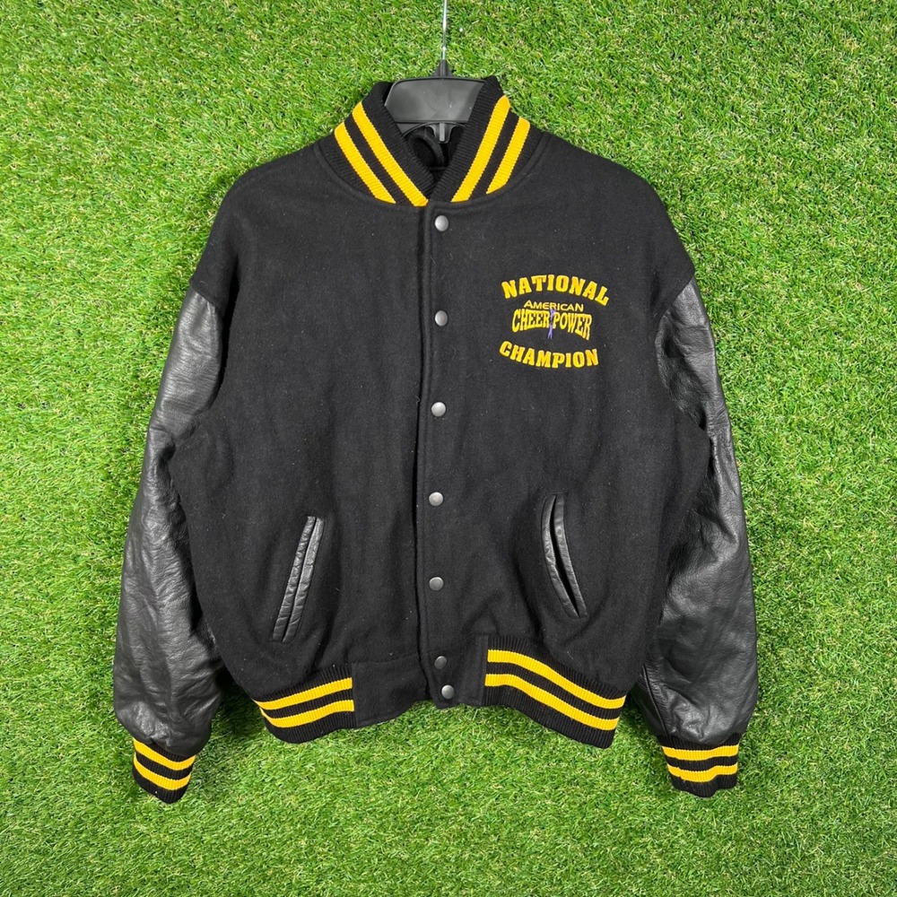 Vintage‎ American Cheer Power Varsity Jacket Youth L Black Yellow Leather